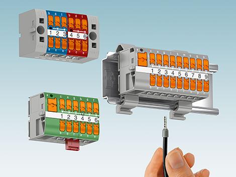 Compact modular distribution blocks with lateral push-in connection