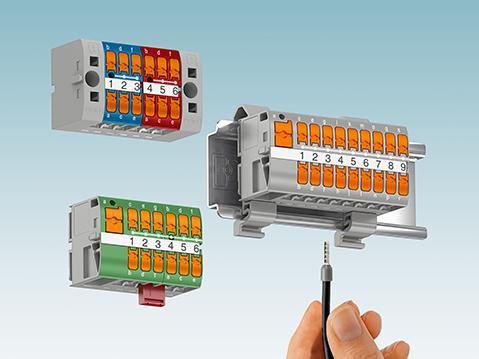 Lateral push-in connection for compact modular distribution blocks